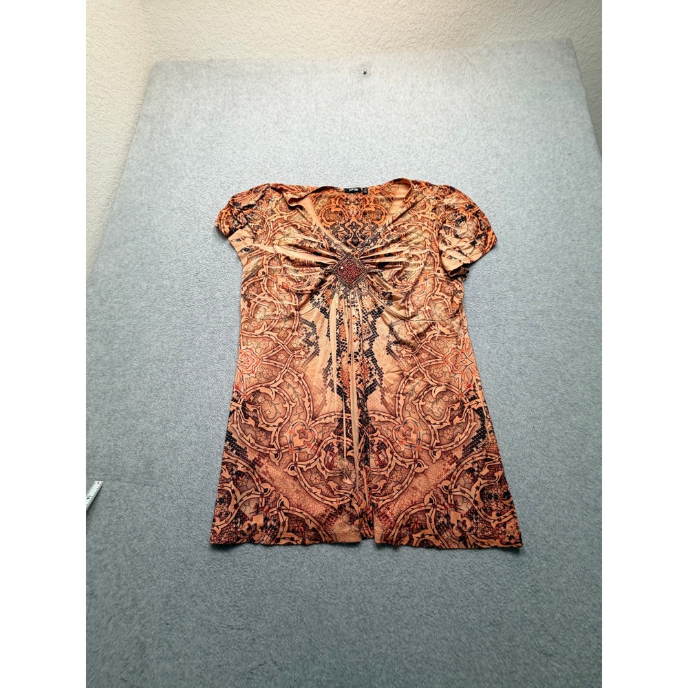 Apt. 9 Womens 2X Orange Paisley Snakeskin Rhinestone V-Neck Tunic Top